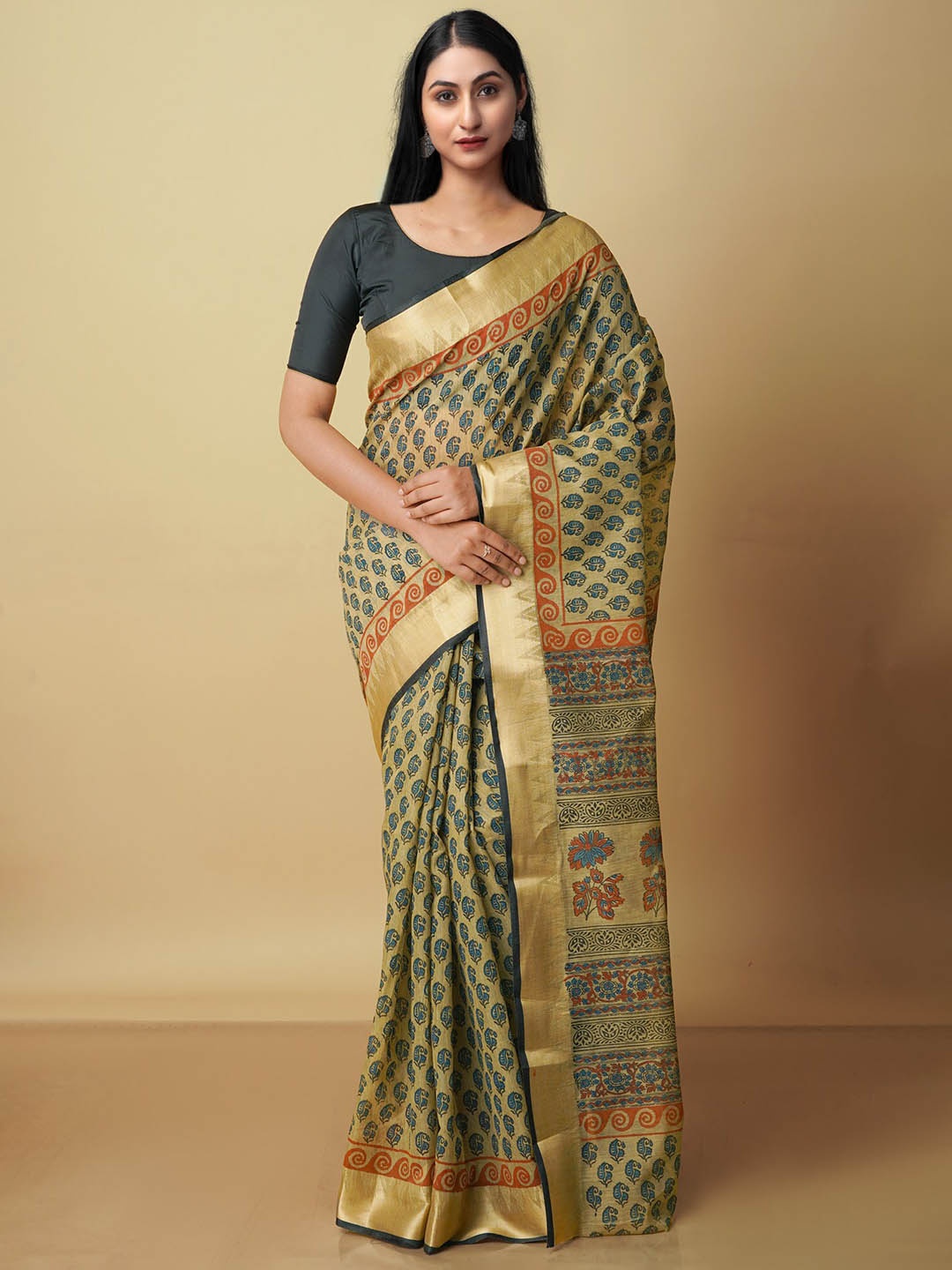 

Unnati Silks Paisley Silk Cotton Chanderi Saree, Beige