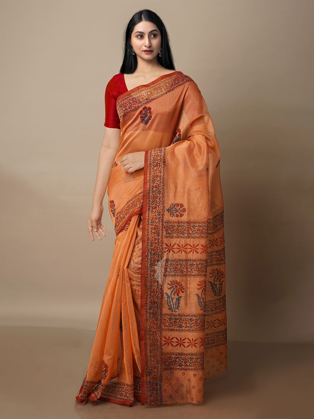 

Unnati Silks Floral Printed Silk Cotton Banarasi Saree, Orange
