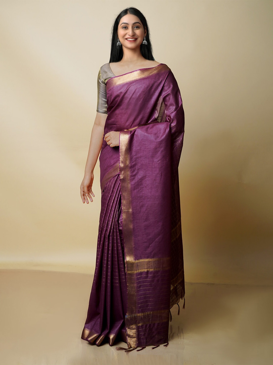 

Unnati Silks Zari Detailed Silk Cotton Mangalagiri Saree, Purple