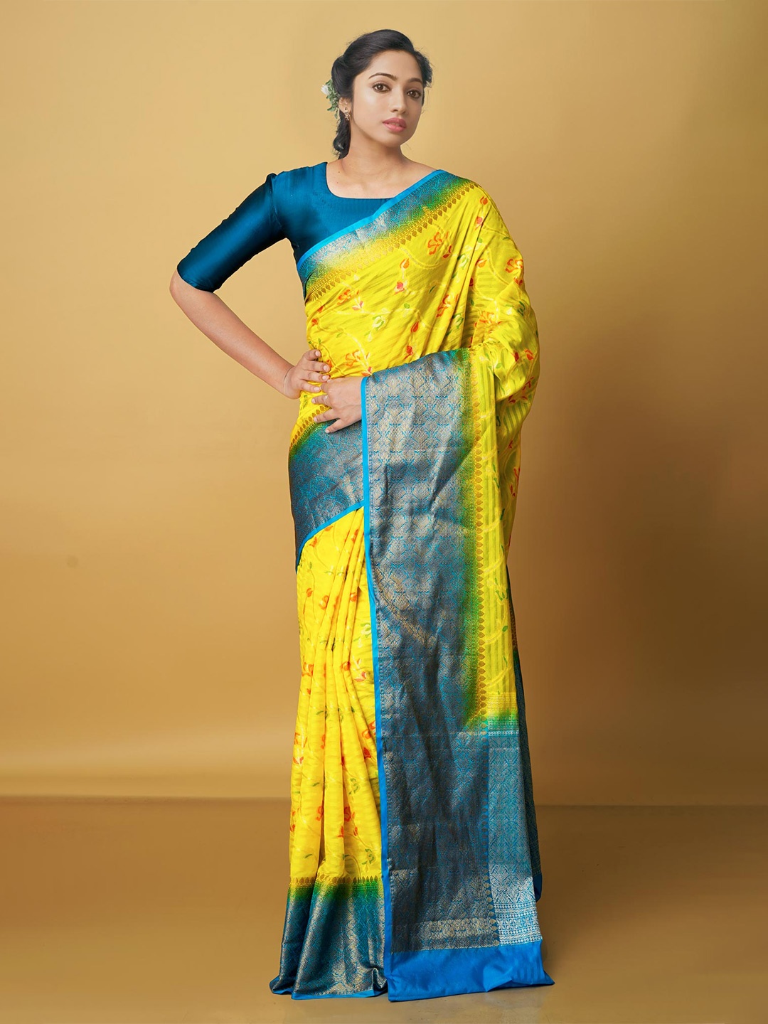 

Unnati Silks Floral Printed Zari Banarasi Saree, Yellow