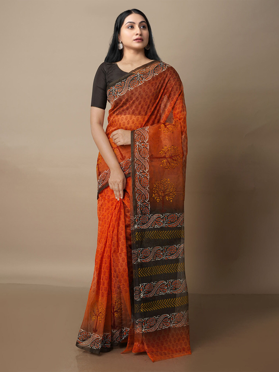 

Unnati Silks Floral Printed Silk Cotton Banarasi Saree, Orange