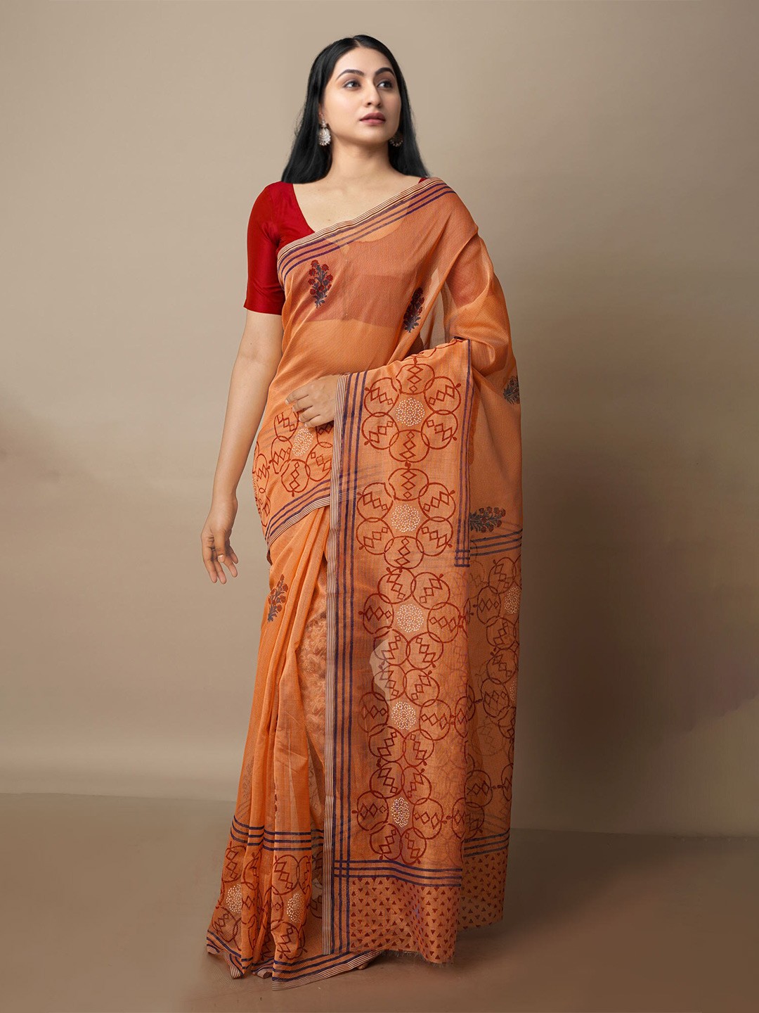 

Unnati Silks Floral Printed Silk Cotton Banarasi Saree, Orange
