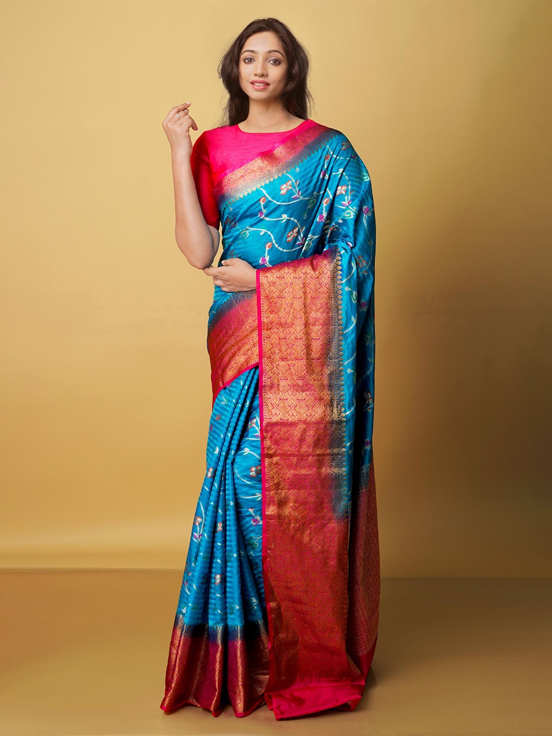 

Unnati Silks Floral Printed Zari Banarasi Saree, Blue