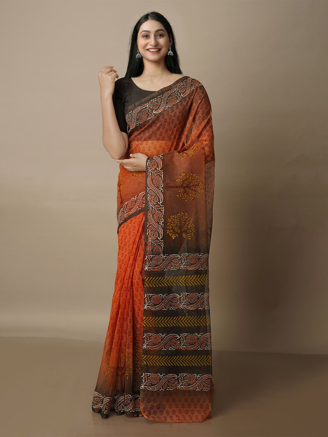

Unnati Silks Ethnic Motifs Silk Cotton Banarasi Saree, Orange