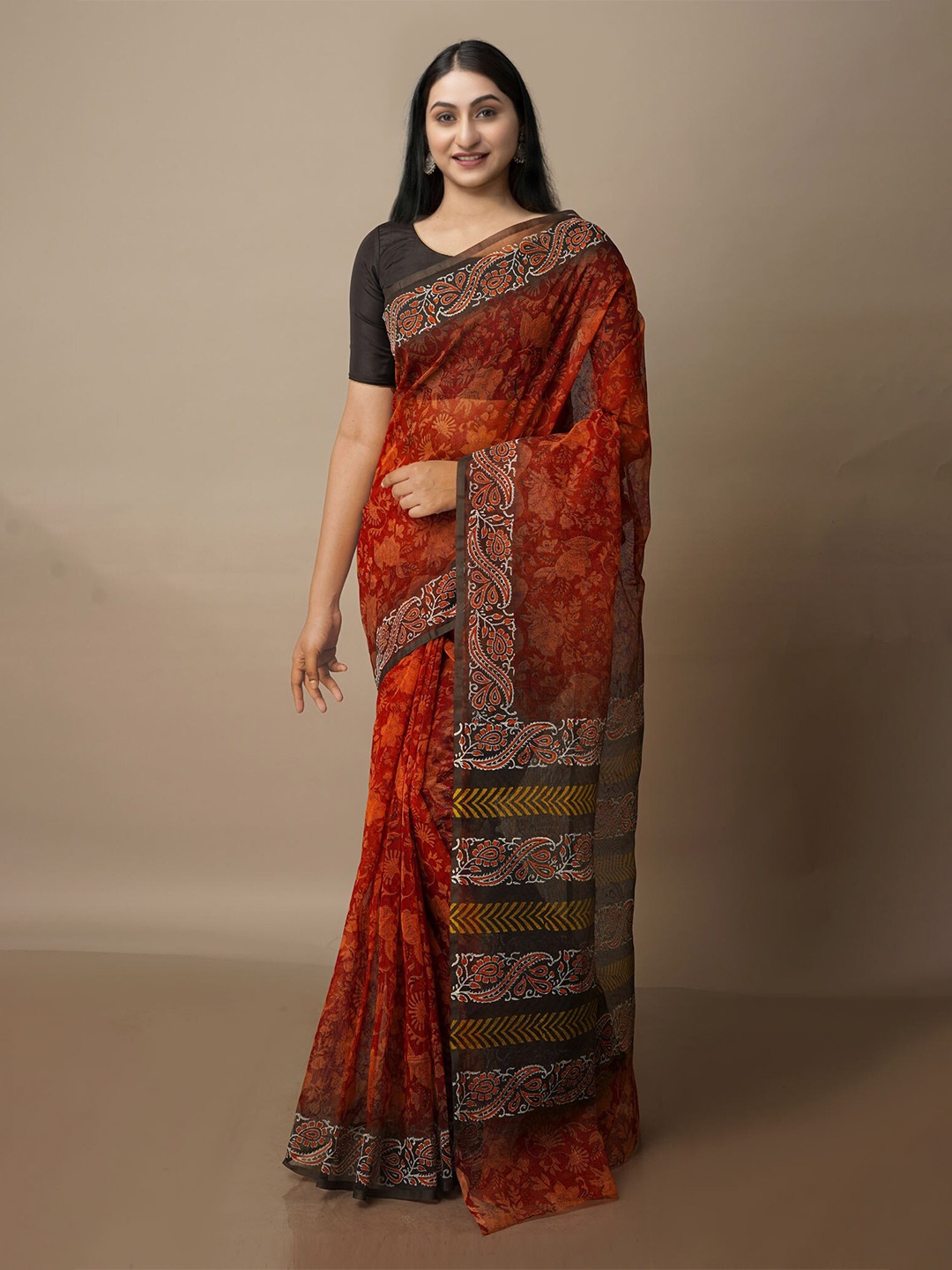 

Unnati Silks Floral Printed Silk Cotton Banarasi Saree, Maroon