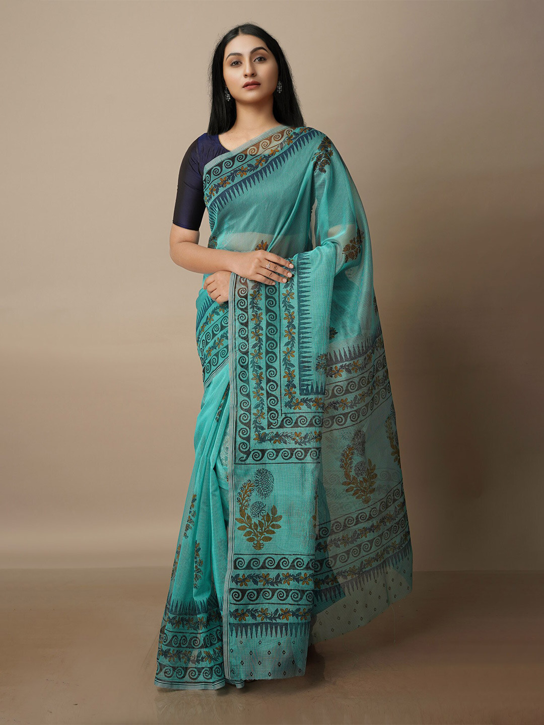 

Unnati Silks Floral Printed Silk Cotton Banarasi Saree, Turquoise blue