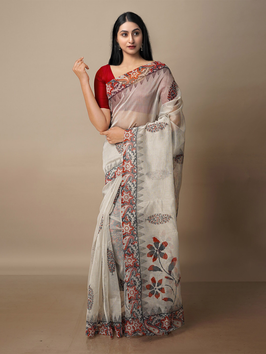 

Unnati Silks Ethnic Motifs Printed Silk Cotton Banarasi Saree, Off white