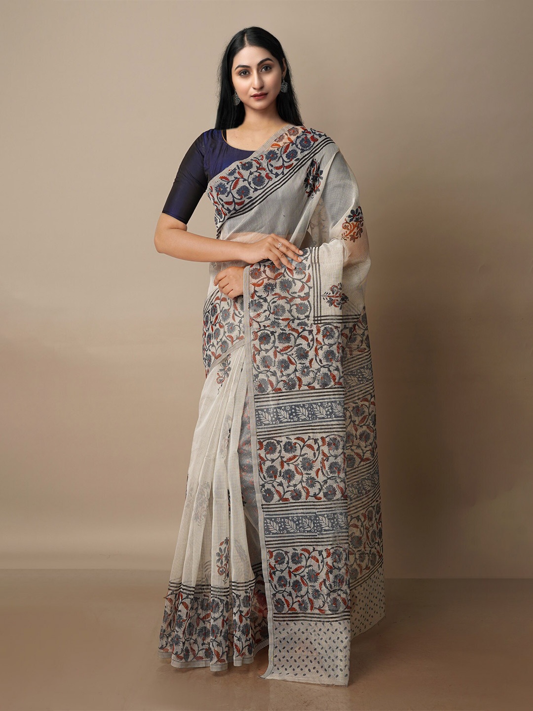

Unnati Silks Ethnic Motifs Printed Silk Cotton Banarasi Saree, Beige