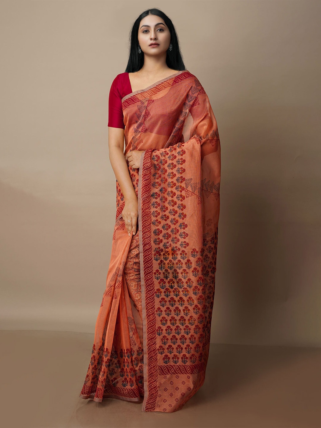 

Unnati Silks Ethnic Motifs Printed Banarasi Saree, Orange