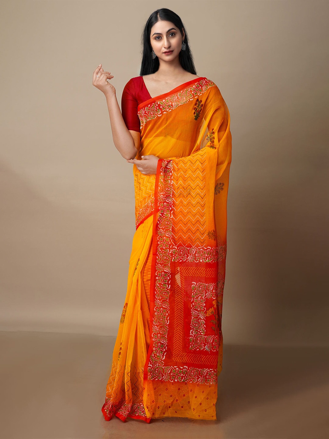 

Unnati Silks Floral Motifs Printed Silk Cotton Banarasi Saree, Yellow
