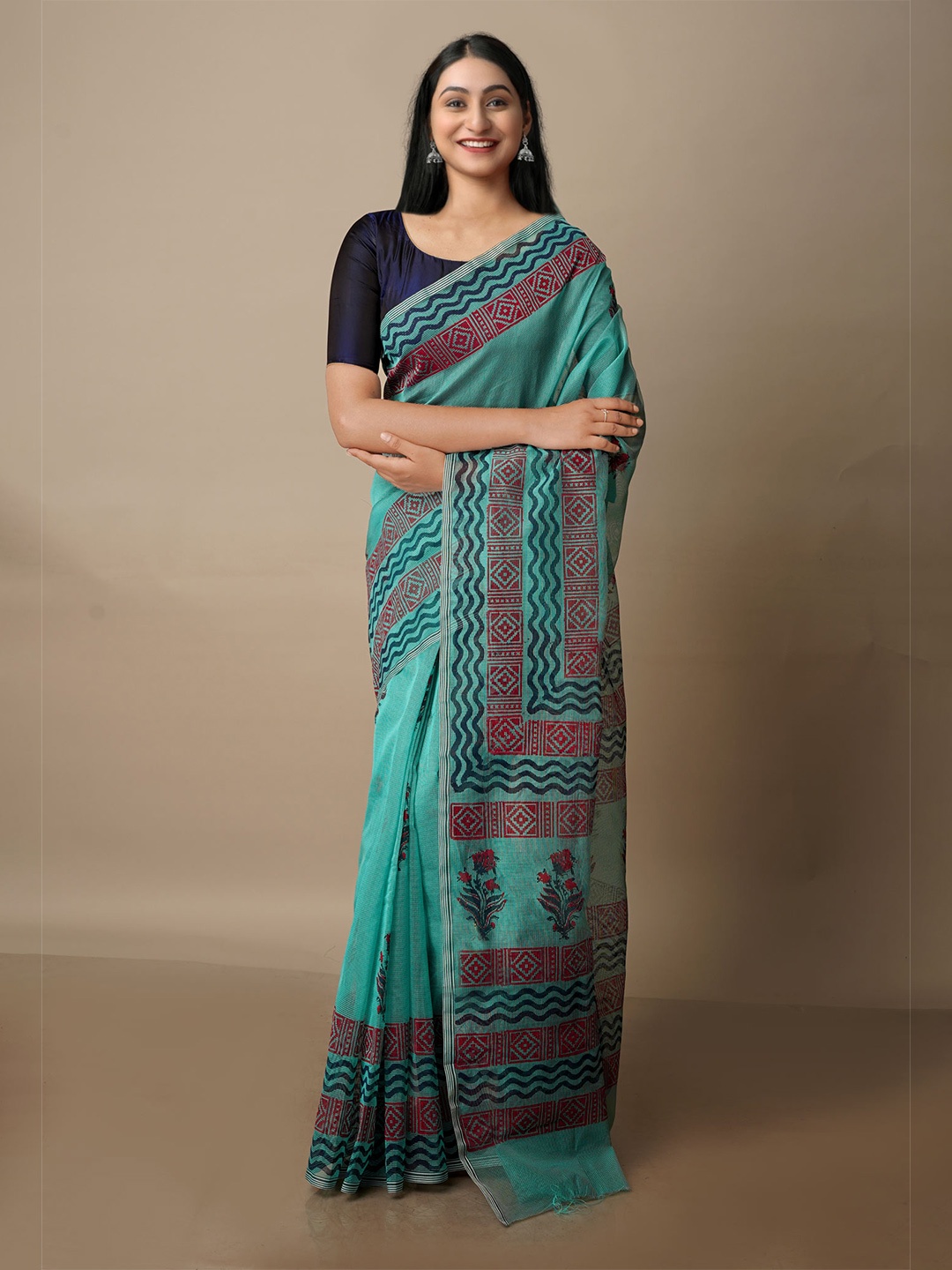 

Unnati Silks Ethnic Motifs Printed Silk Cotton Banarasi Saree, Turquoise blue
