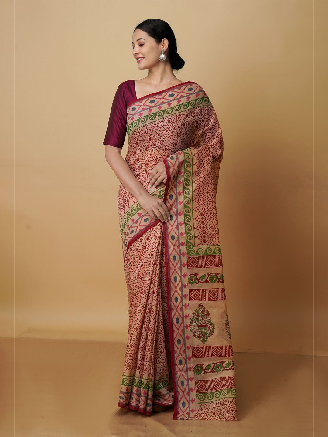 

Unnati Silks Ethnic Motifs Printed Chanderi Saree, Brown
