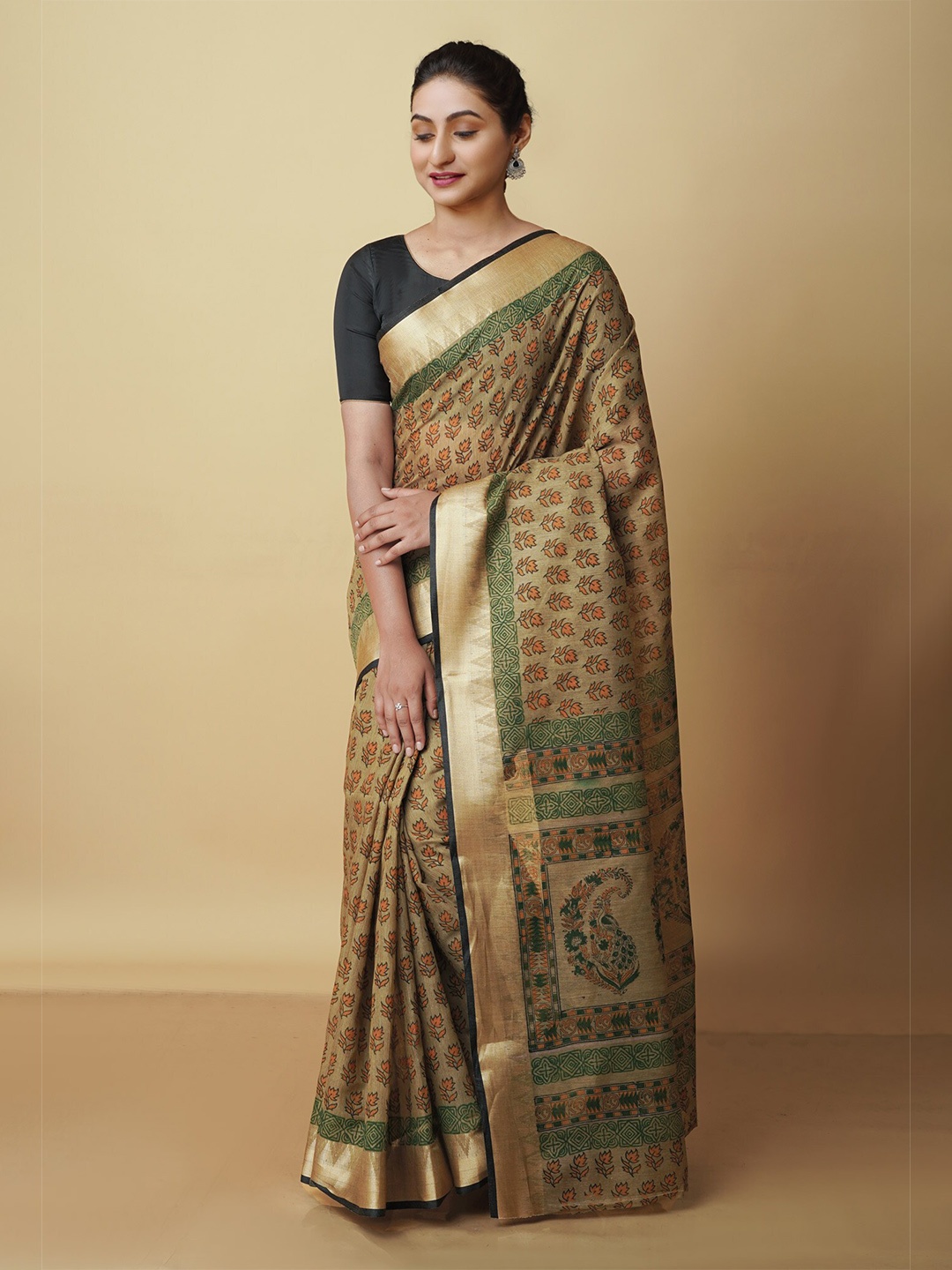 

Unnati Silks Floral Printed Zari Chanderi Saree, Camel brown