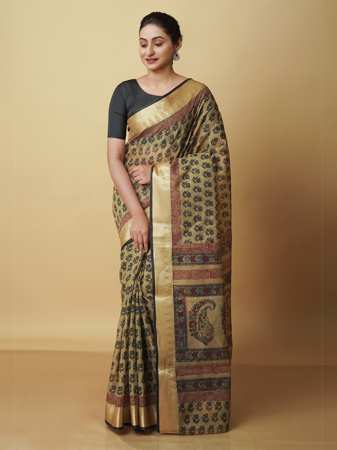 

Unnati Silks Floral Printed Zari Chanderi Saree, Camel brown