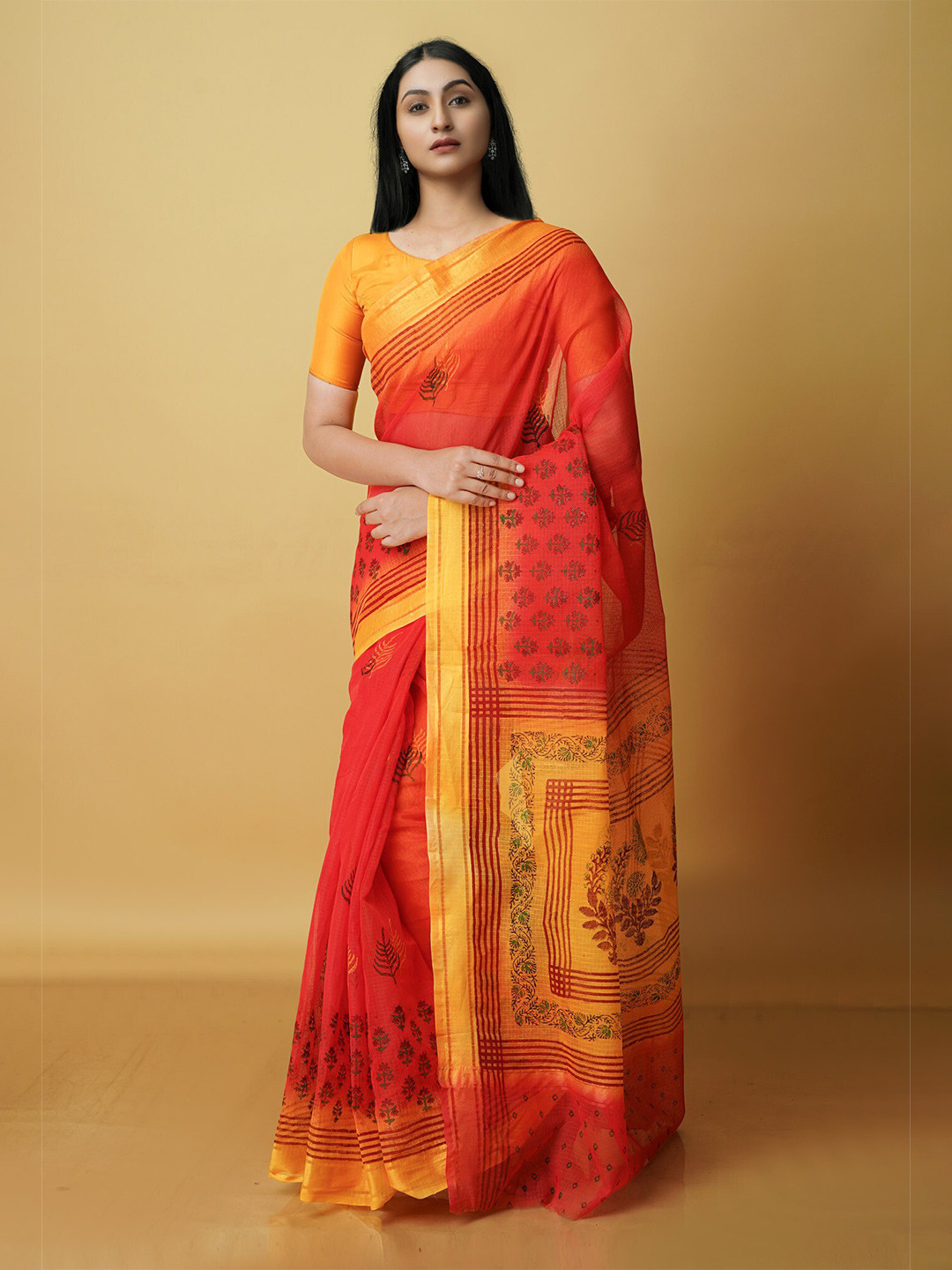 

Unnati Silks Floral Printed Zari Pure Cotton Kota Saree, Red