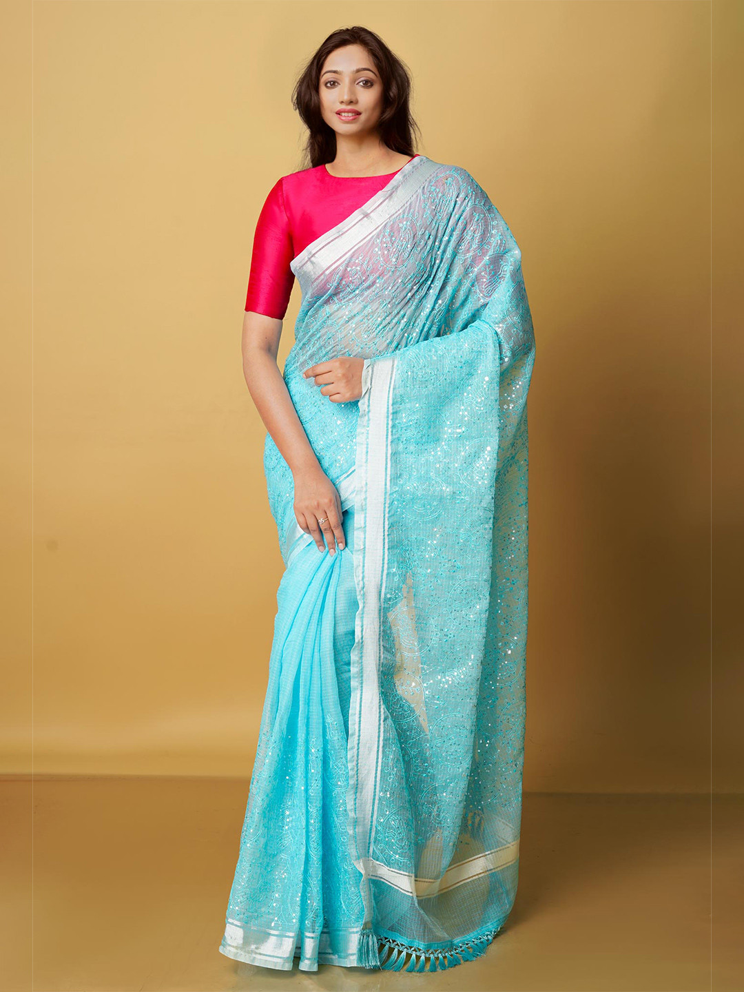 

Unnati Silks Ethnic Embroidered Sequinned Zari Pure Cotton Kota Saree, Blue