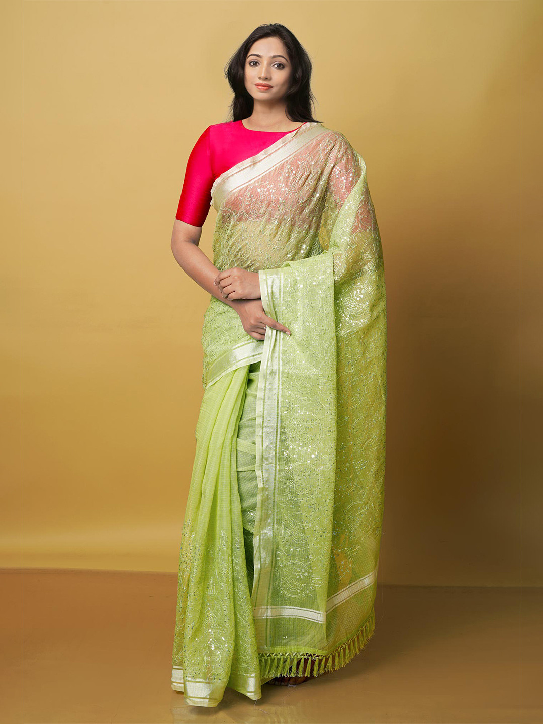 

Unnati Silks Ethnic Embroidered Sequinned Zari Pure Cotton Kota Saree, Green