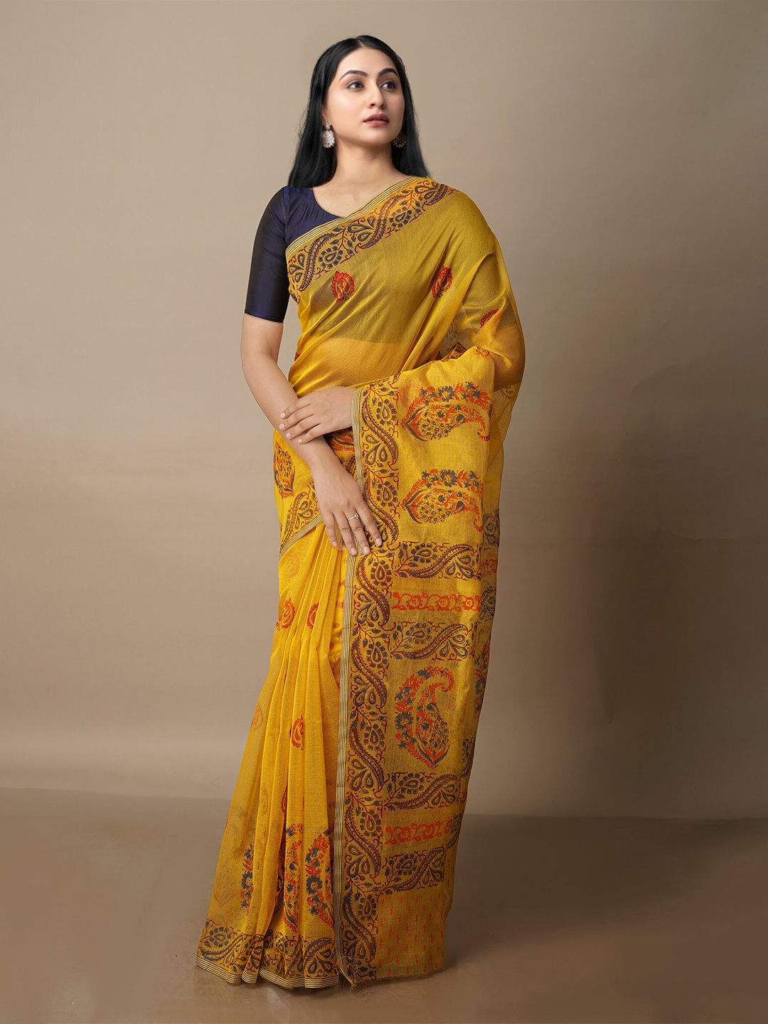 

Unnati Silks Paisley Printed Banarasi Saree, Yellow