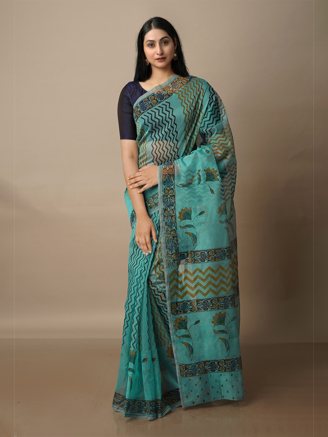 

Unnati Silks Floral Block Printed Silk Cotton Banarasi Saree, Green