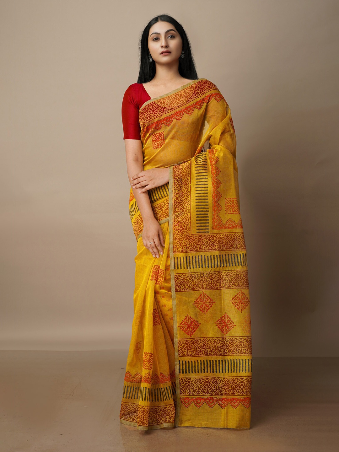 

Unnati Silks Ethinic Motifs Block Printed Silk Cotton Banarasi Saree, Yellow