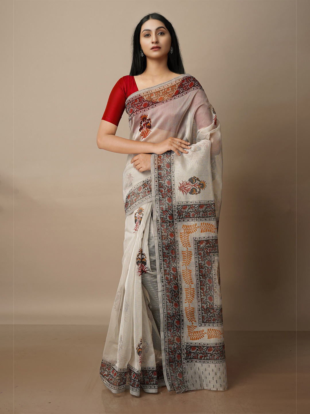 

Unnati Silks Floral Block Printed Silk Cotton Banarasi Saree, Beige