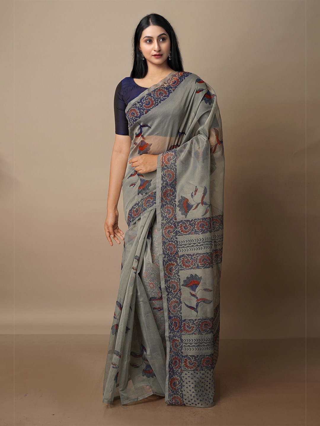 

Unnati Silks Floral Block Printed Silk Cotton Banarasi Saree, Grey