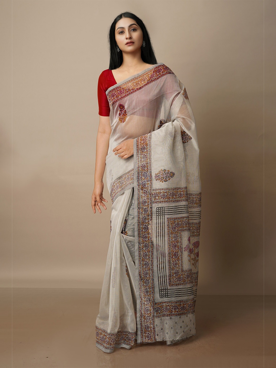 

Unnati Silks Floral Block Printed Silk Cotton Banarasi Saree, Beige