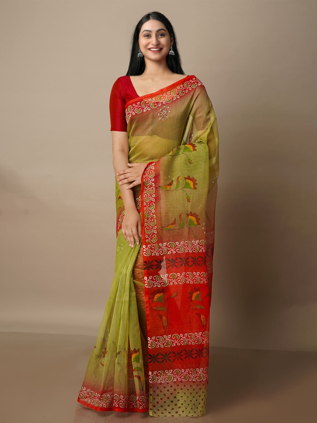 

Unnati Silks Ethnic Motifs Printed Silk Cotton Banarasi Saree, Green
