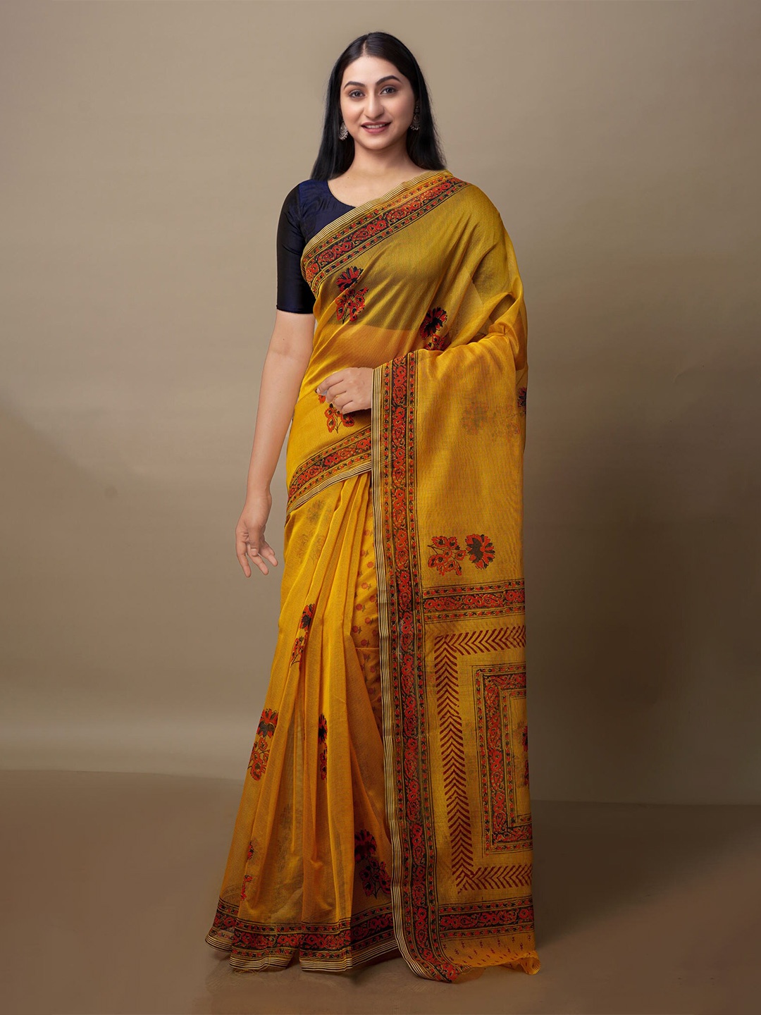 

Unnati Silks Ethnic Motifs Printed Silk Cotton Banarasi Saree, Yellow