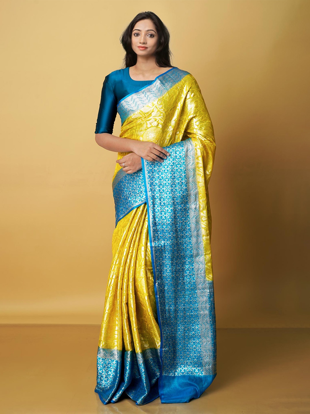 

Unnati Silks Woven Design Zari Silk Blend Banarasi Saree, Yellow