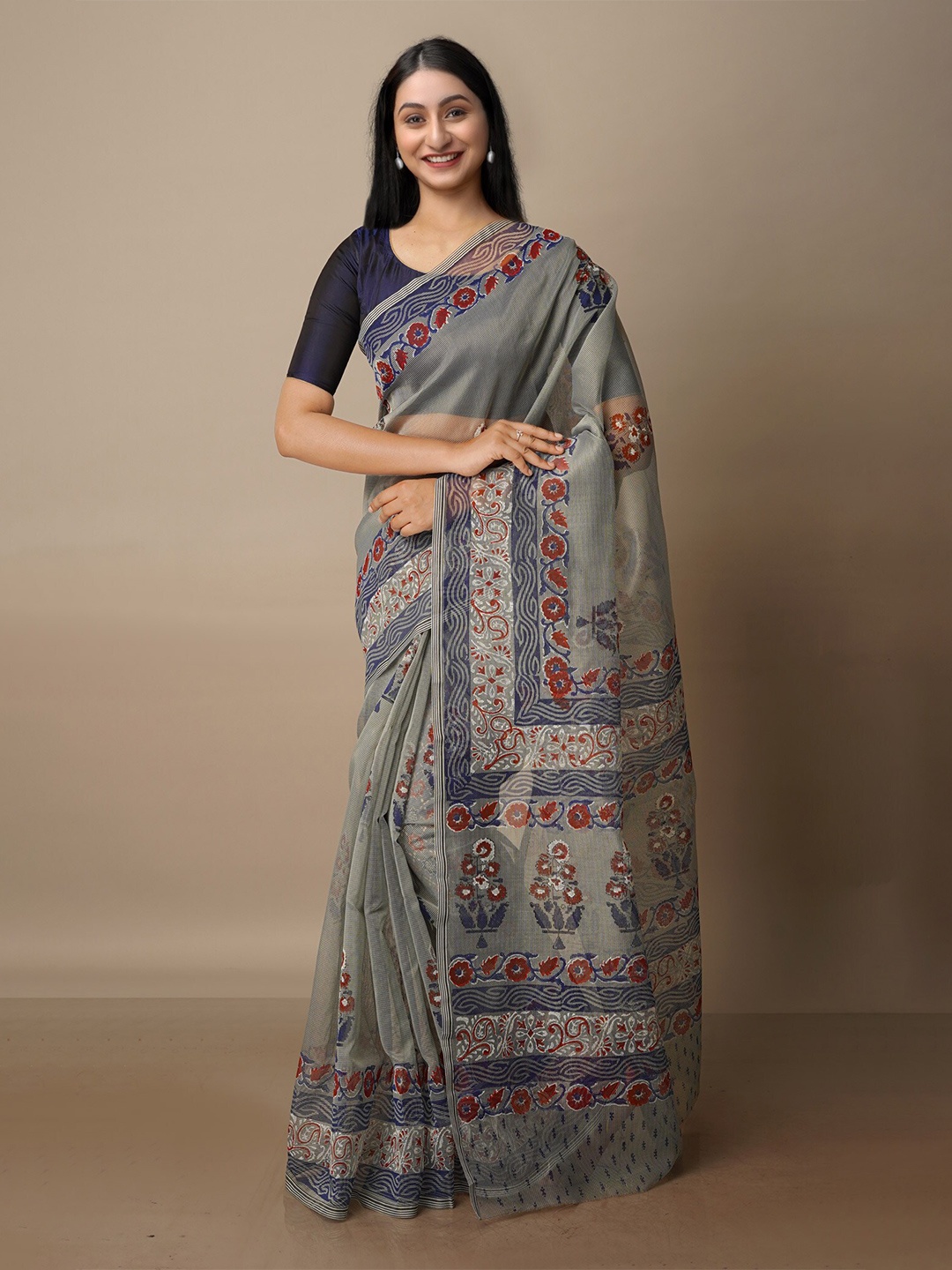 

Unnati Silks Floral Printed Silk Cotton Banarasi Saree, Grey