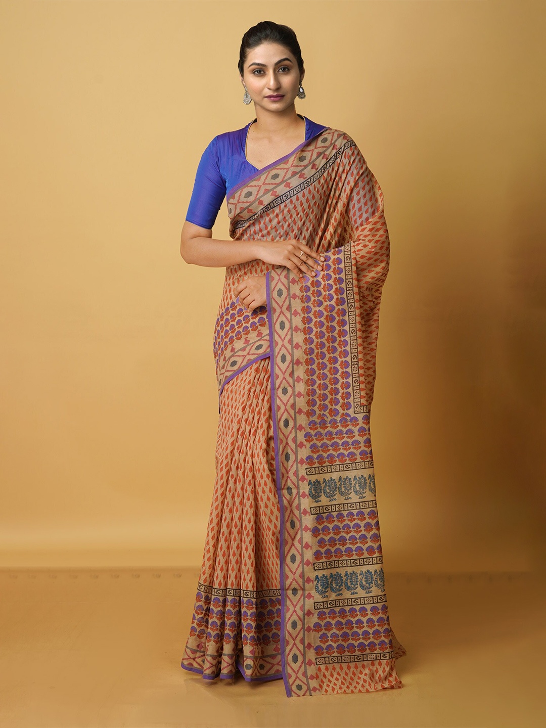 

Unnati Silks Ethnic Motifs Printed Silk Cotton Chanderi Saree, Cream