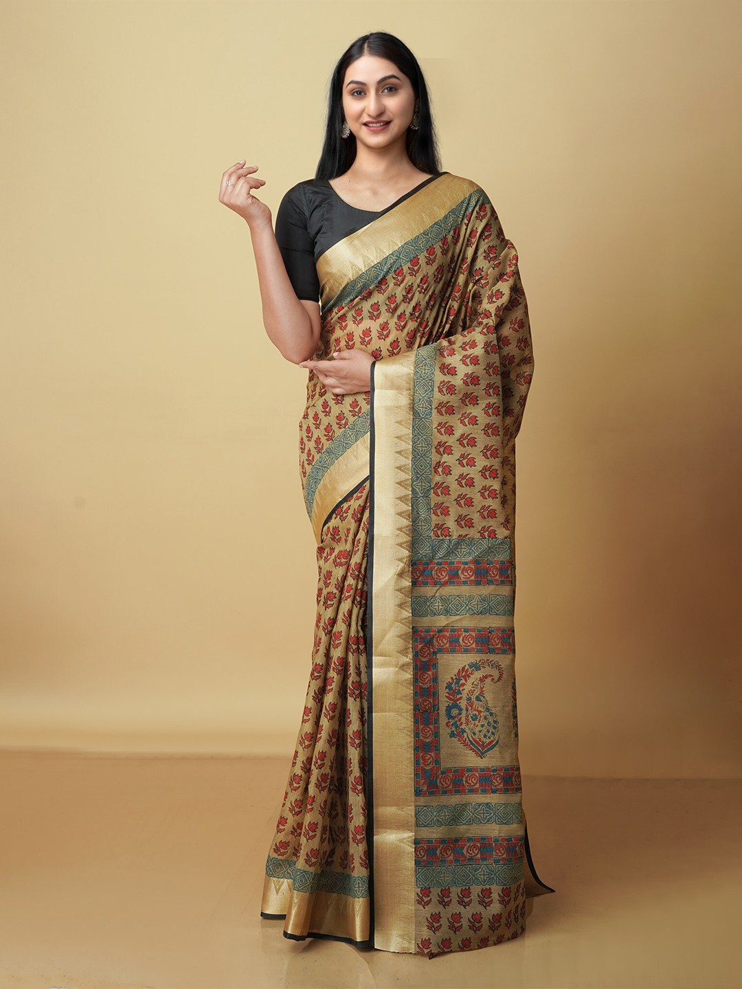 

Unnati Silks Floral Printed Zari Silk Cotton Chanderi Saree, Khaki