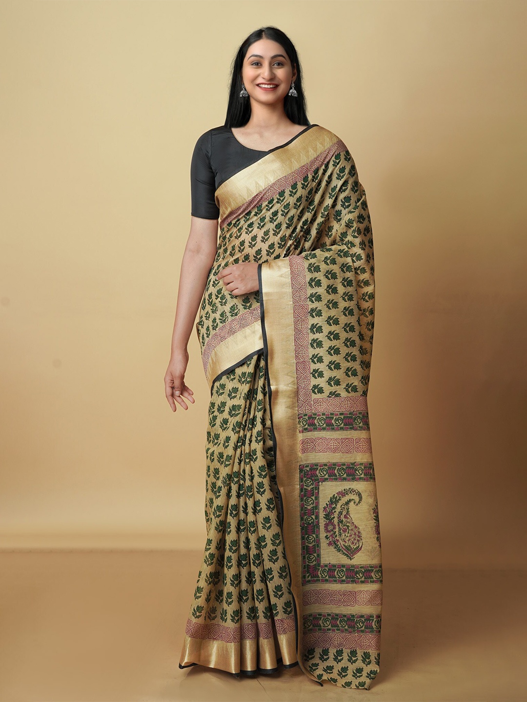 

Unnati Silks Floral Printed Zari Silk Cotton Chanderi Saree, Khaki