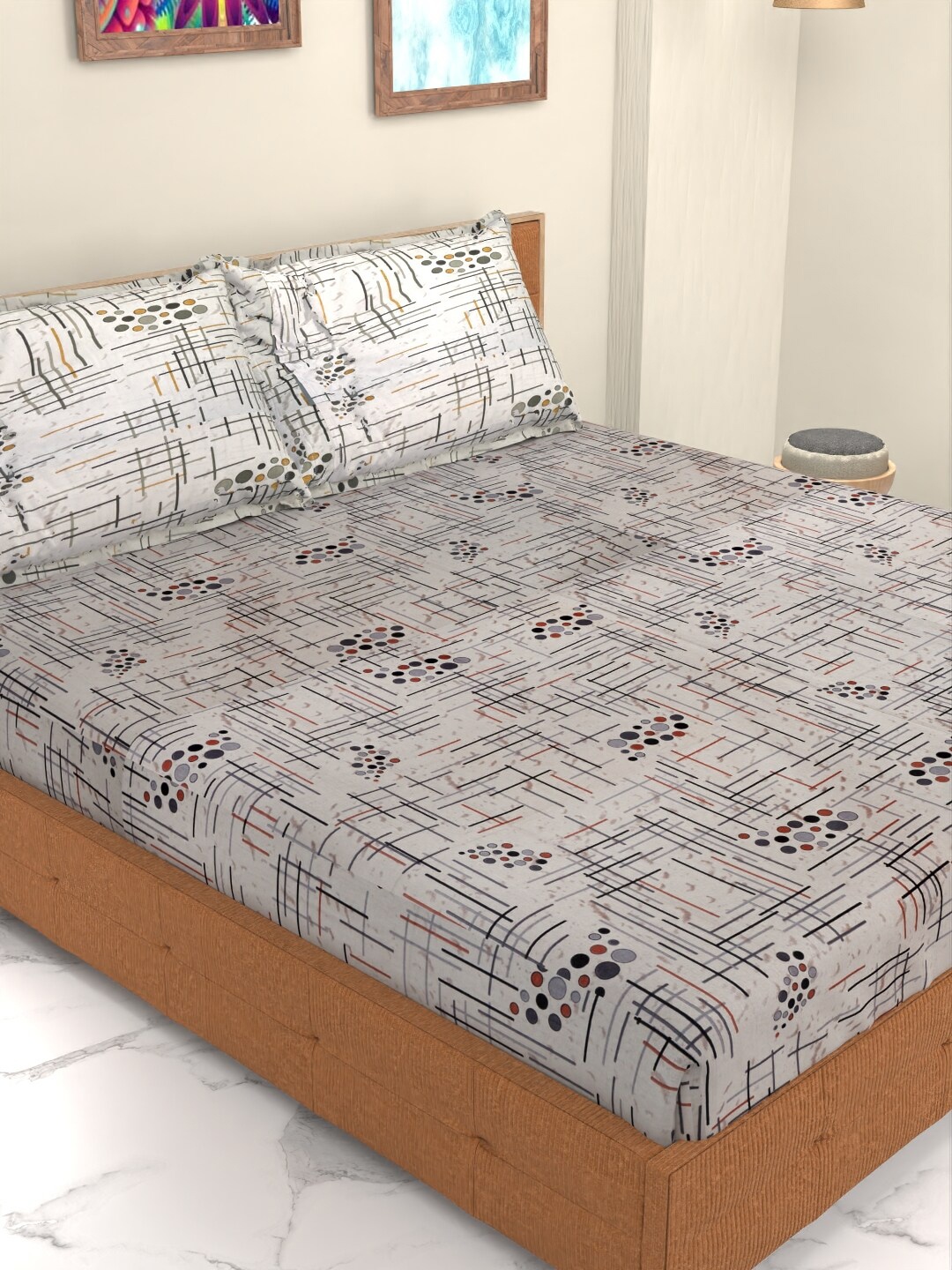 

Athom Trendz Essentail Beige & Black 144 TC Queen Bedsheet with 2 Pillow Covers