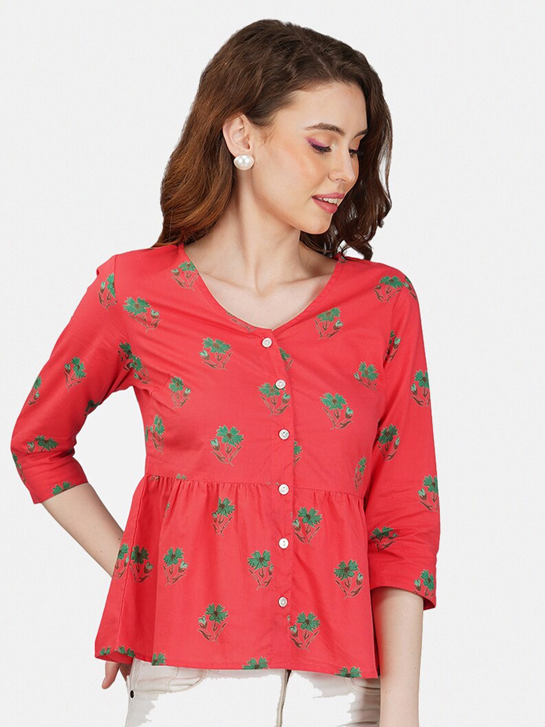 

GULAB CHAND TRENDS V-Neck Floral Print Peplum Top, Red