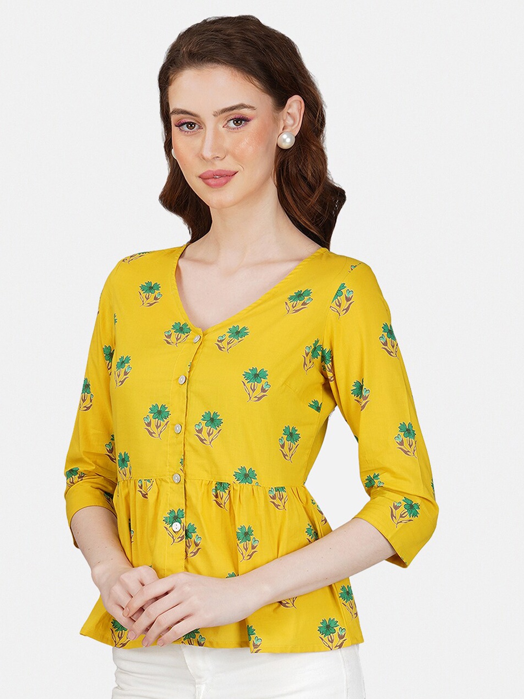 

GULAB CHAND TRENDS V-Neck Floral Print Peplum Top, Yellow