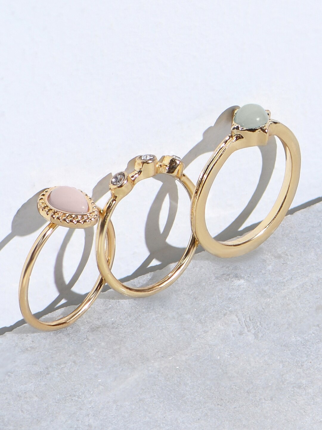 

ToniQ Set Of 3 Gold-Plated Stone-Studded & Beaded Finger Rings, White