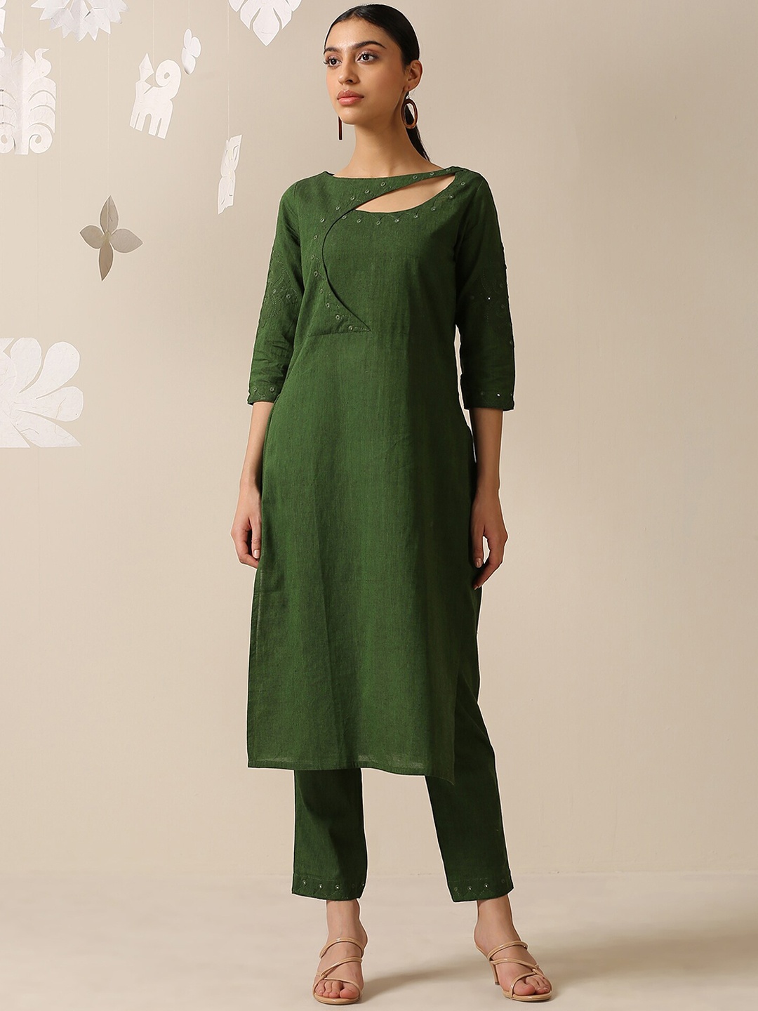 

OKHAI Applique Embroidered & Mirror Work Pure Cotton Kurta with Trousers, Green