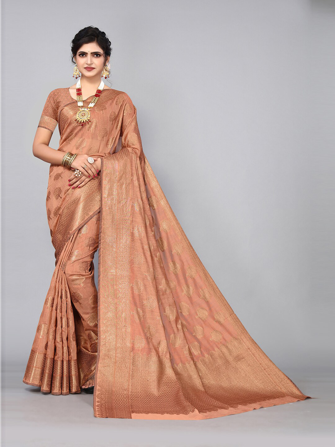 

Pisara Ethinic Motifs Zari Silk Cotton Chanderi Saree, Peach