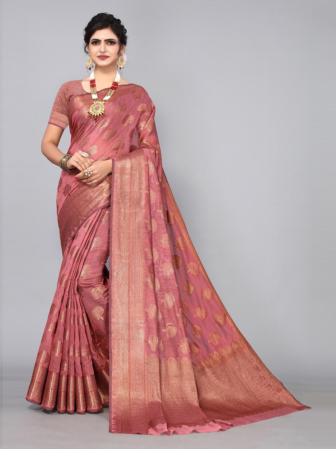 

Pisara Rose Ethinic Motifs Zari Silk Cotton Chanderi Saree, Rose gold