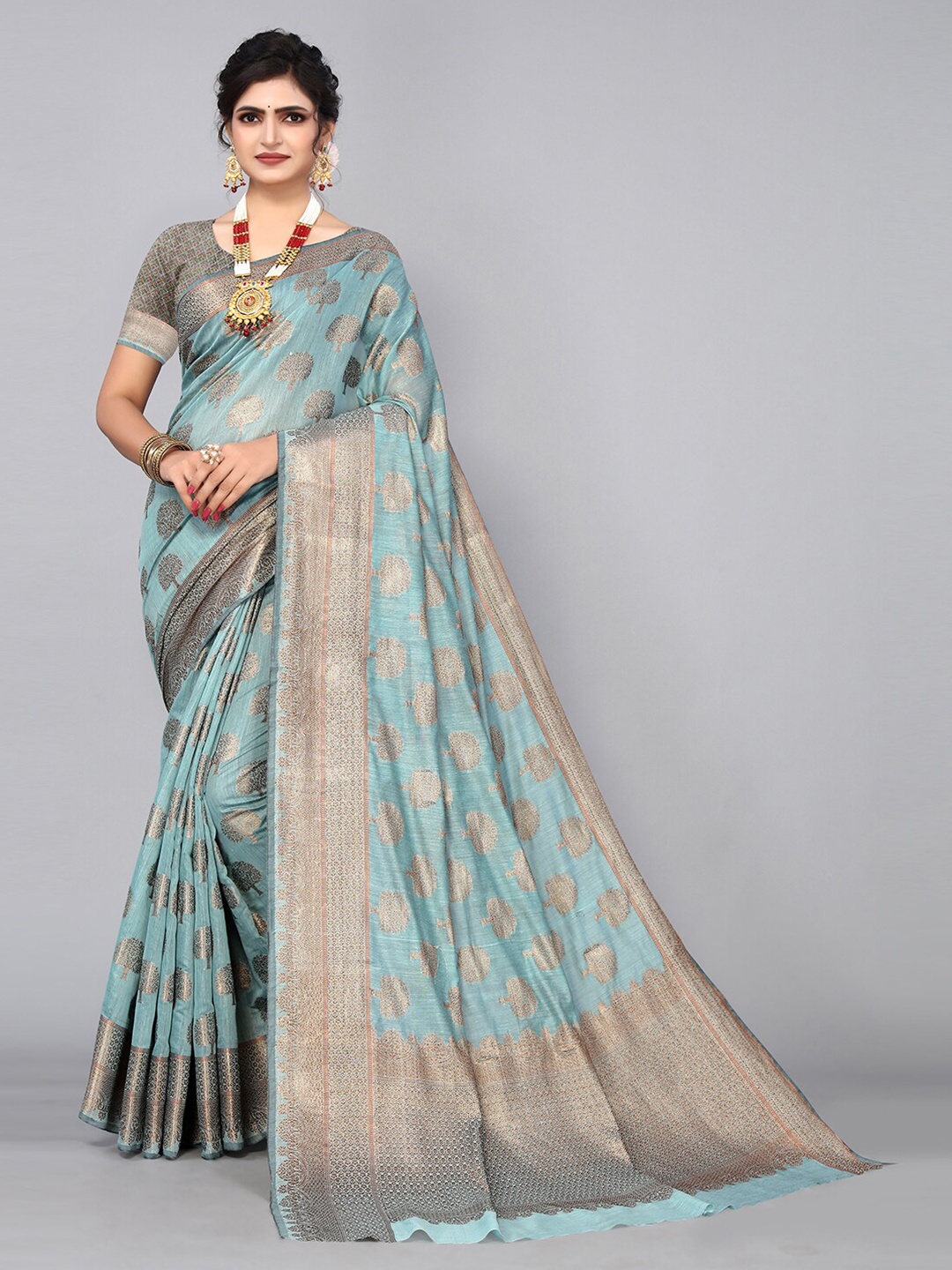 

Pisara Ethnic Motifs Woven Design Zari Silk Cotton Chanderi Saree, Turquoise blue