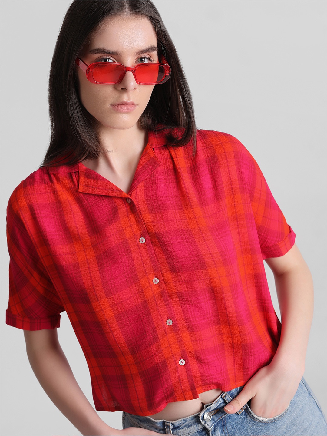 ONLY Tartan Checked Extended Sleeves Casual Shirt, Pink