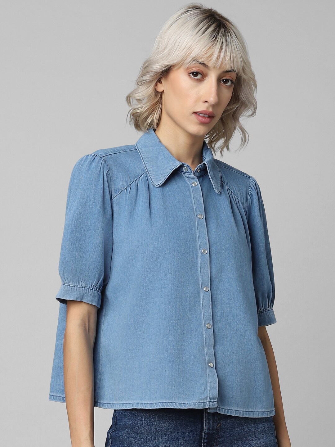 

ONLY Women Puff Sleeves Cotton Casual Shirt, Blue