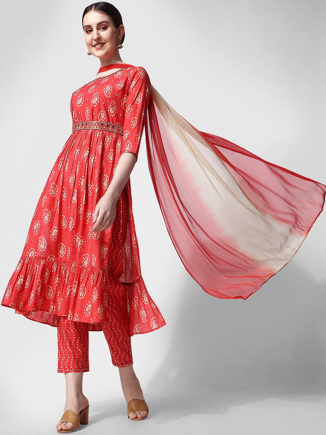 

Berrylicious Ethnic Motifs Embroidered Chanderi Cotton Kurta with Trousers & Dupatta, Coral