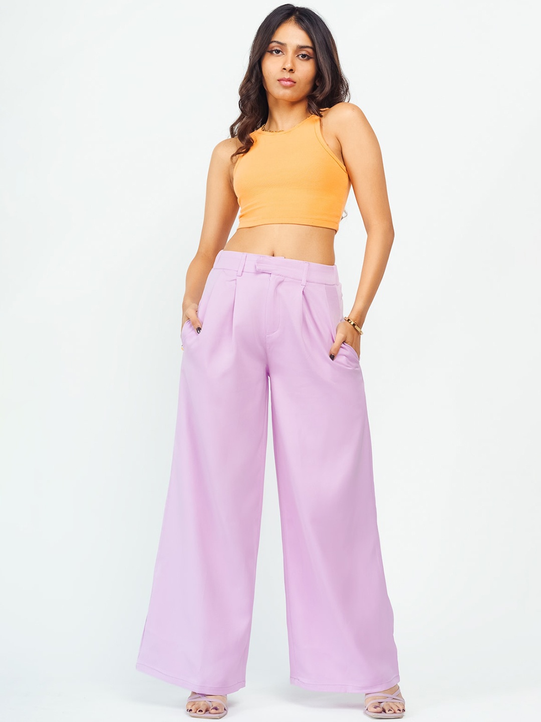 

FREAKINS Women Straight Fit High-Rise Pleated Parallel Trousers, Lavender