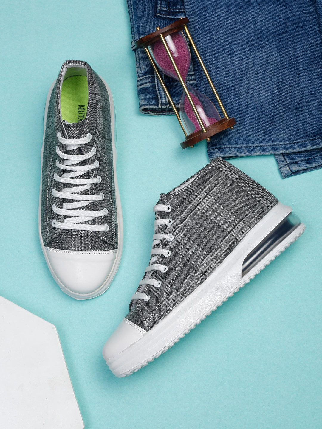 

MUTAQINOTI Men Checkered Mid-Top Sneakers, Grey