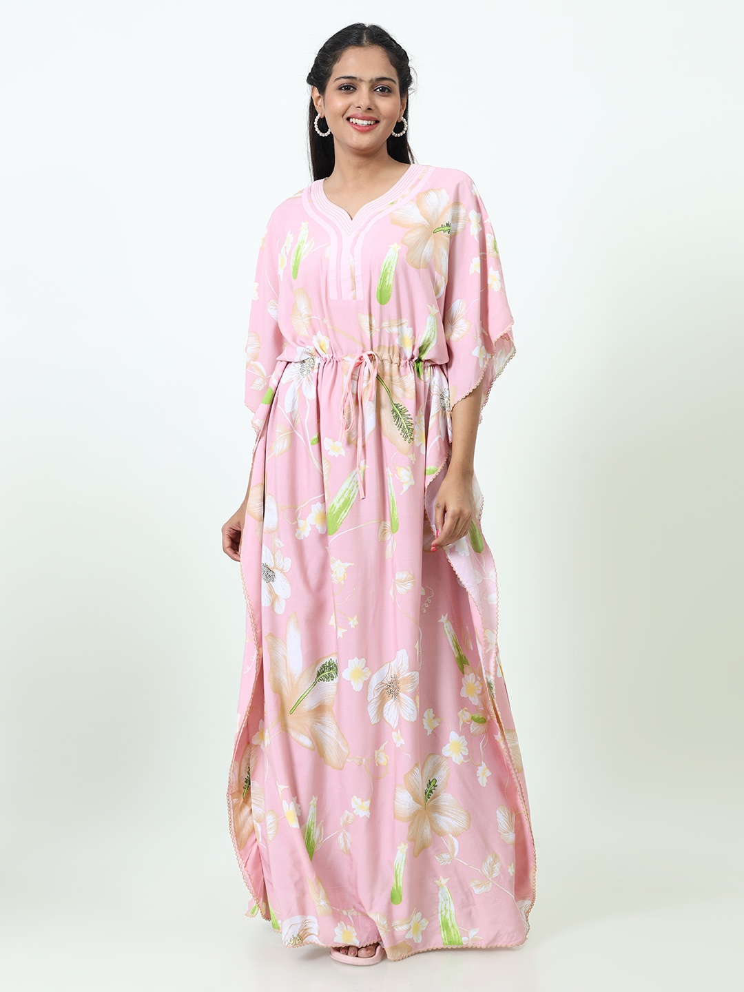 

9shines Label Pink Floral Printed Kaftan Maxi Nightdress