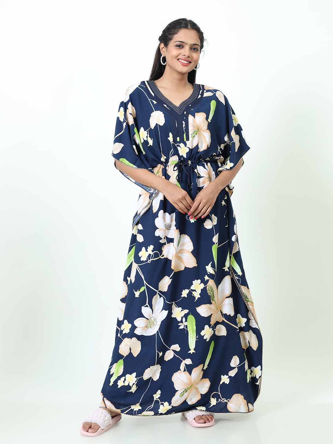 

9shines Label Floral Printed Kaftan Maxi Nightdress, Blue