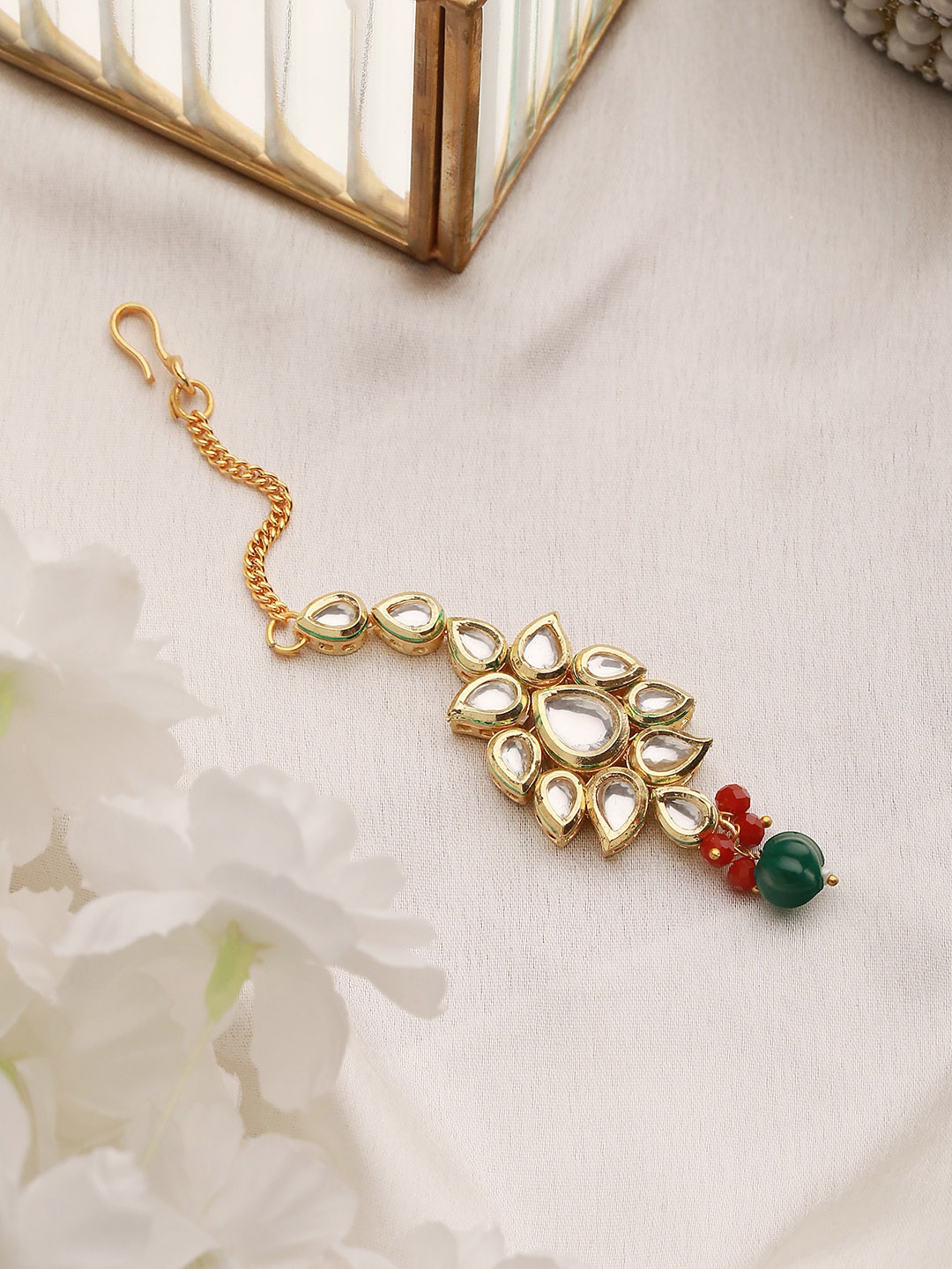 

Saraf RS Jewellery Gold-Plated AD-Studded & Beaded Maang Tikka
